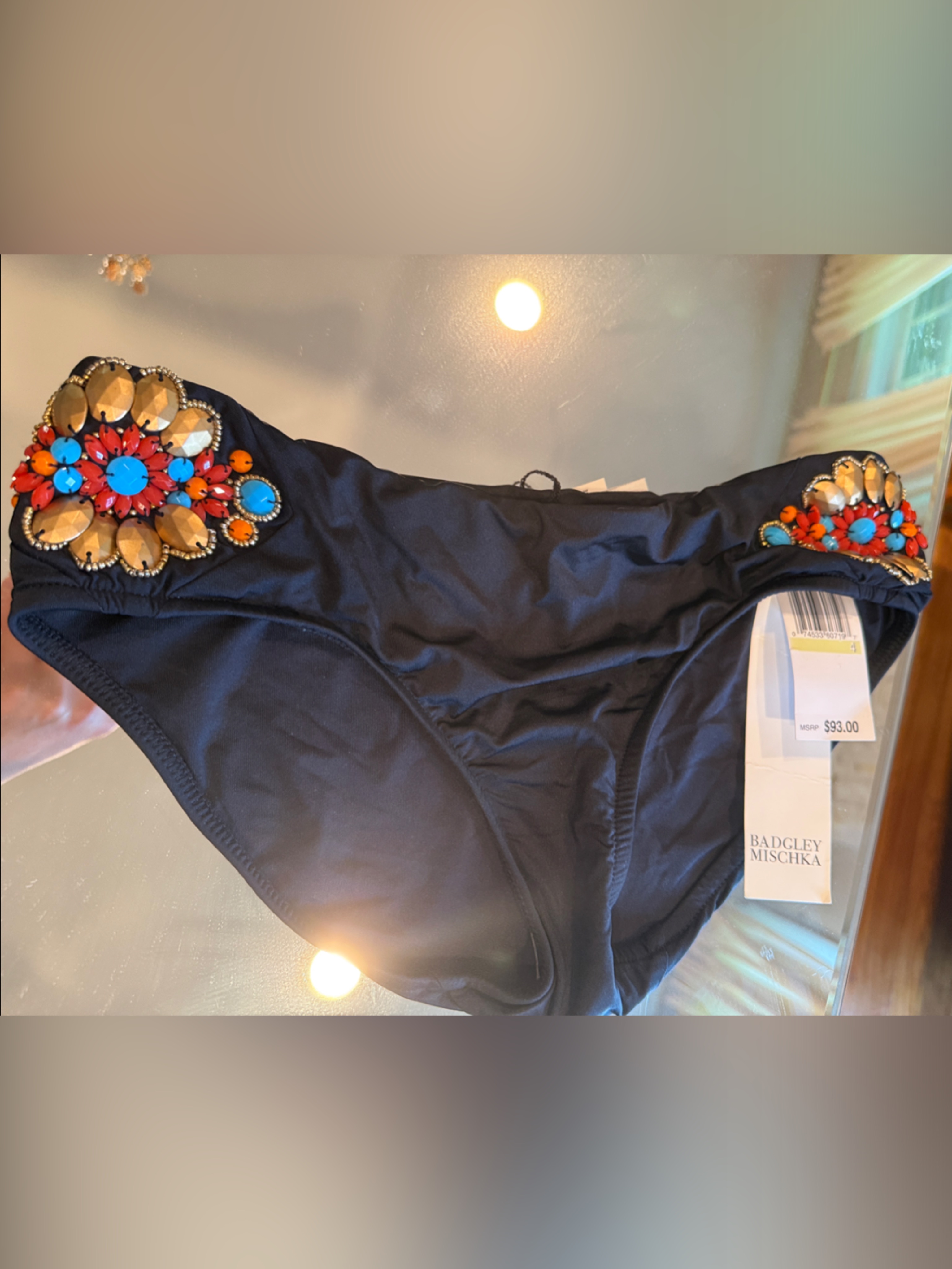 Badgley Mischka Black Bikini Bottom With Multicolored Gem Accents